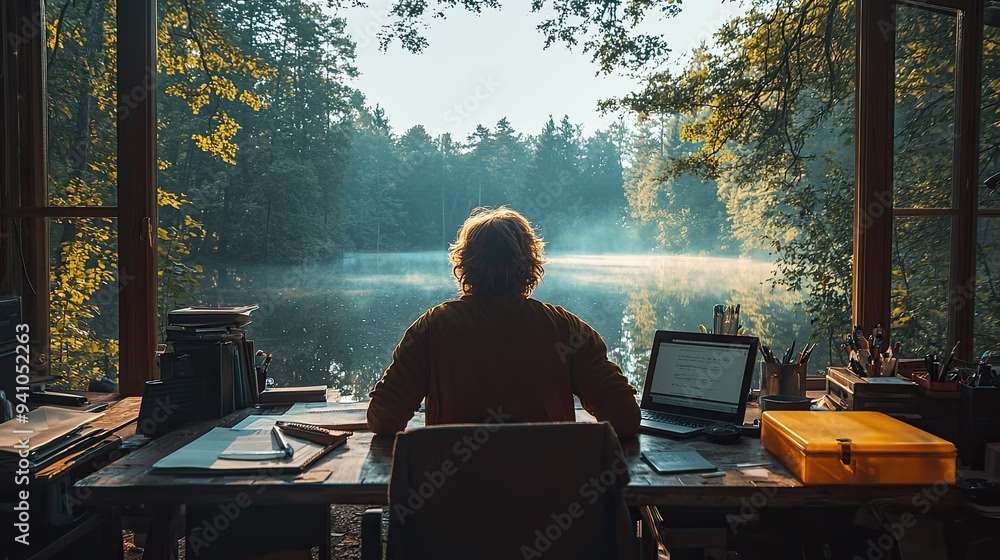 A writer engrossed in their work at a desk overlooking a tranquil lake, finding inspiration in the natural surroundings to write about personal finance at Think and Talk Money.