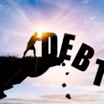 Eliminate or get rid of debt concept , Silhouette man pushed off debt wording a cliff with blue cloud sky and sunlight, illustrating the top 10 strategies for how to pay off debt on a budget.