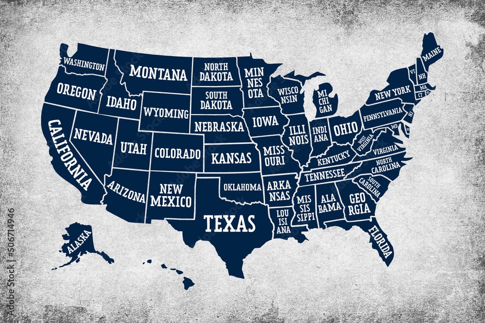 Blue USA map with borders of the states and names on grunge background illustrating that each state offers a different 529 college savings plan.