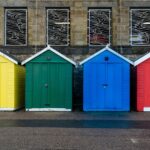 Four beach huts, each painted in the four primary colours, of yellow, green, blue and red representing my four favorite investment accounts: 401(k), Roth IRA, HSA, and 529.