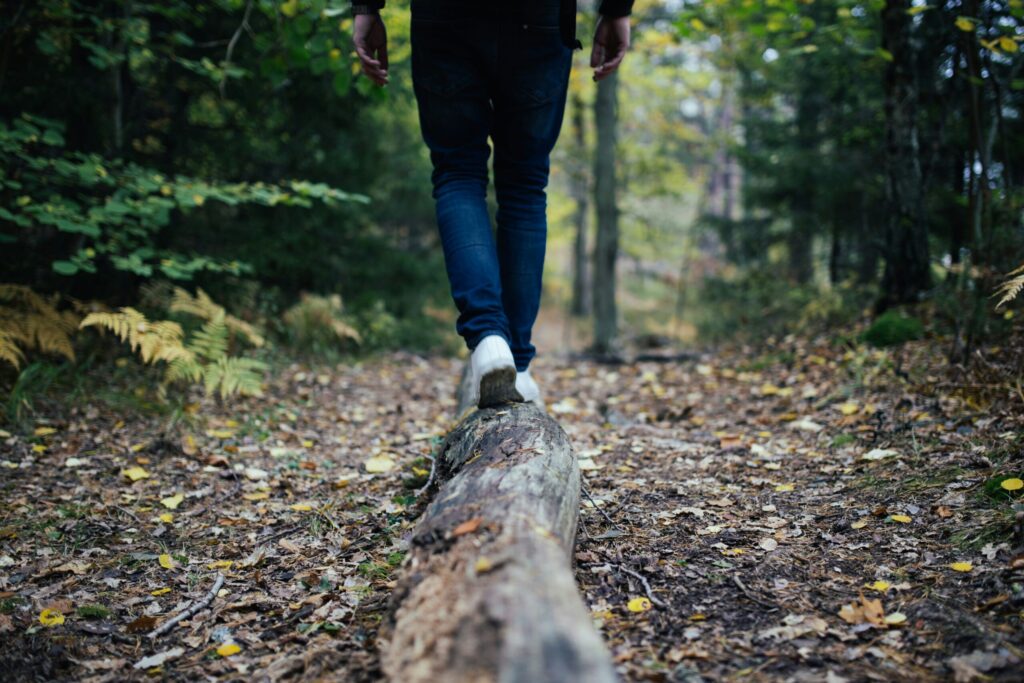 Hiker on a log illustrating what I would do with $10 million, like hiking with my family.
