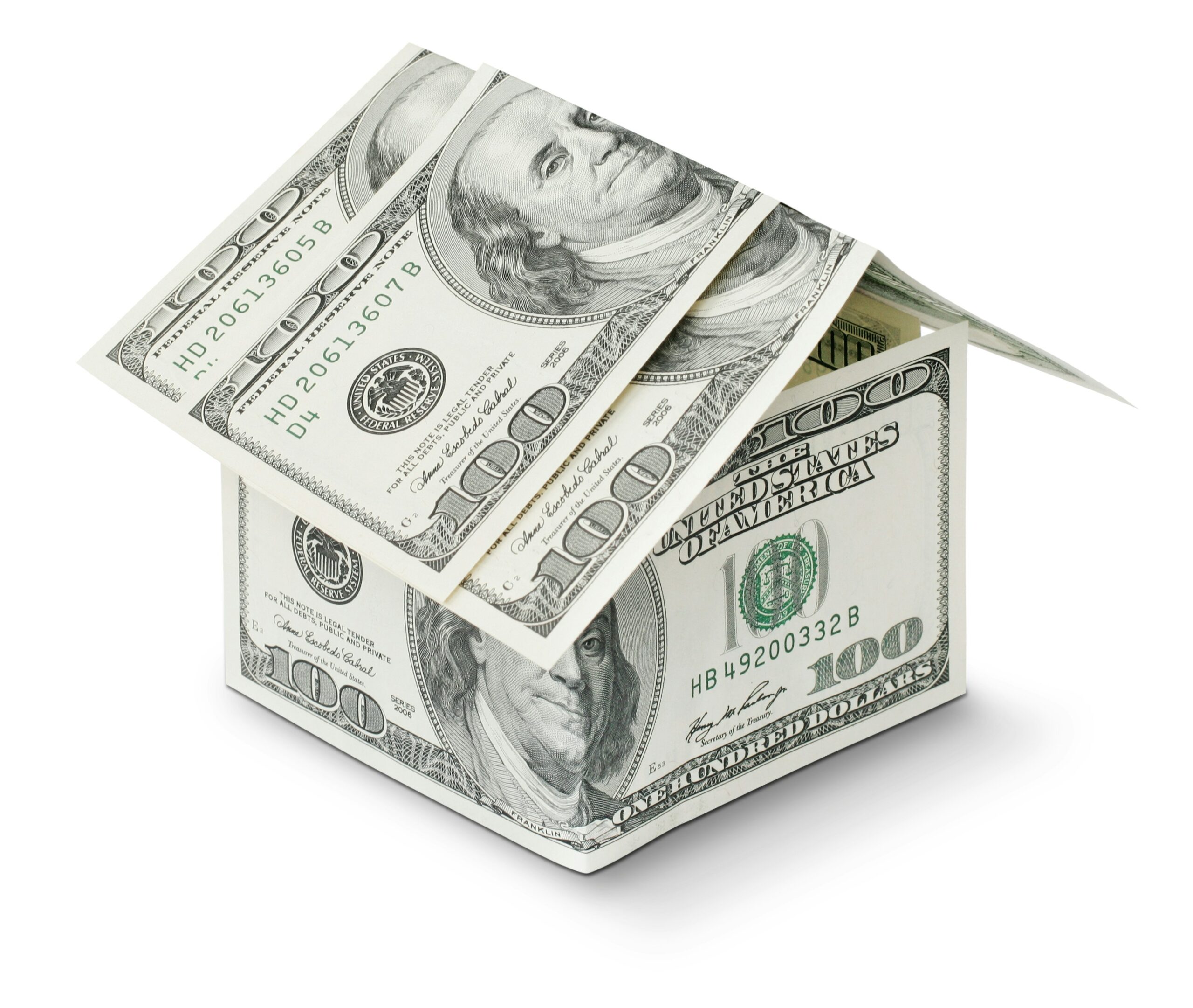 Symbolic house made from one hundred dollars isolated on white background illustrating that real estate can accelerate your journey to financial freedom.